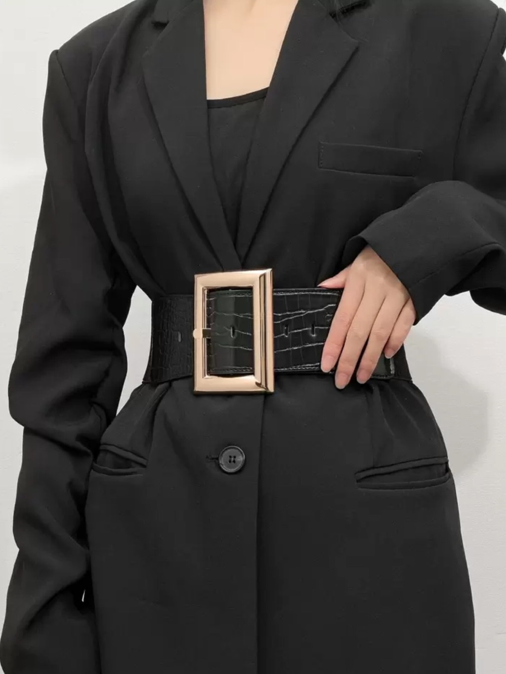 Wide Croc-Embossed Belt with Gold Buckle - Black